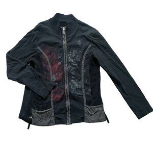 Orly Mock Neck Zipper Sweater Jacket Women Large Black Printed Boho